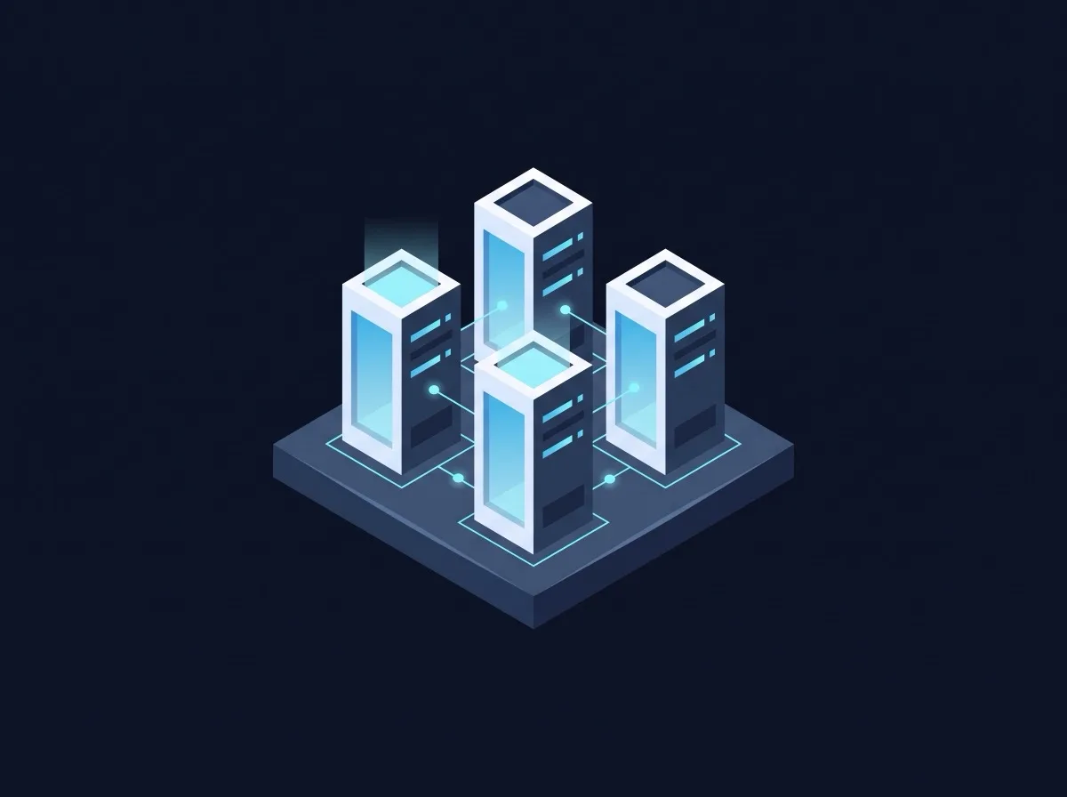 Isometric illustration of connected servers forming a cluster