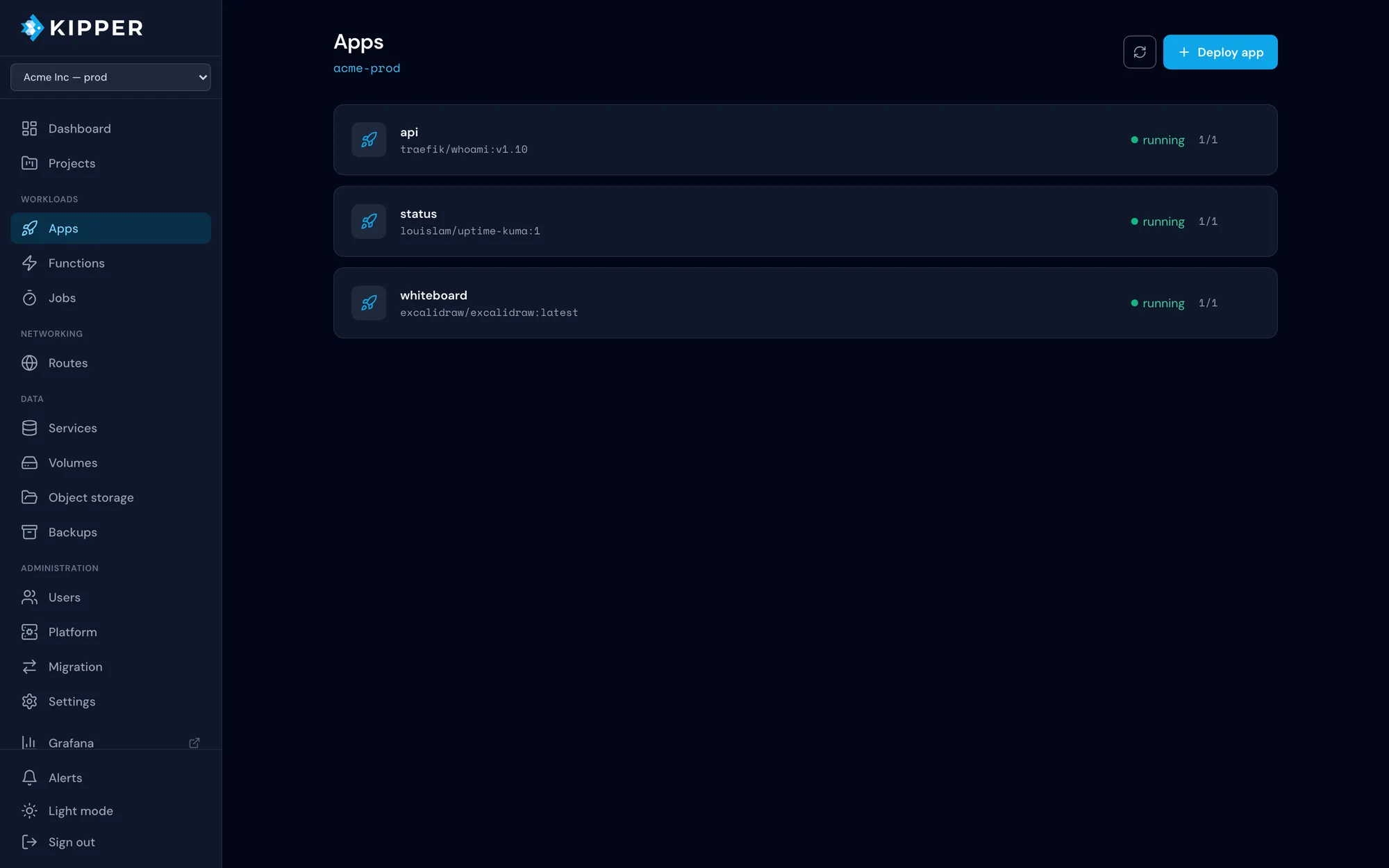 Kipper console apps list showing three running apps with their container images
