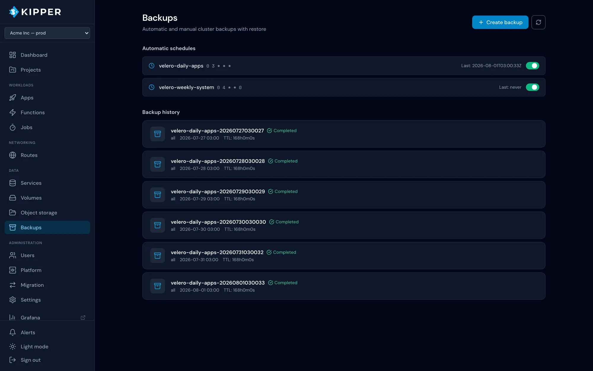 Kipper console backups page showing automatic schedules and completed backup history