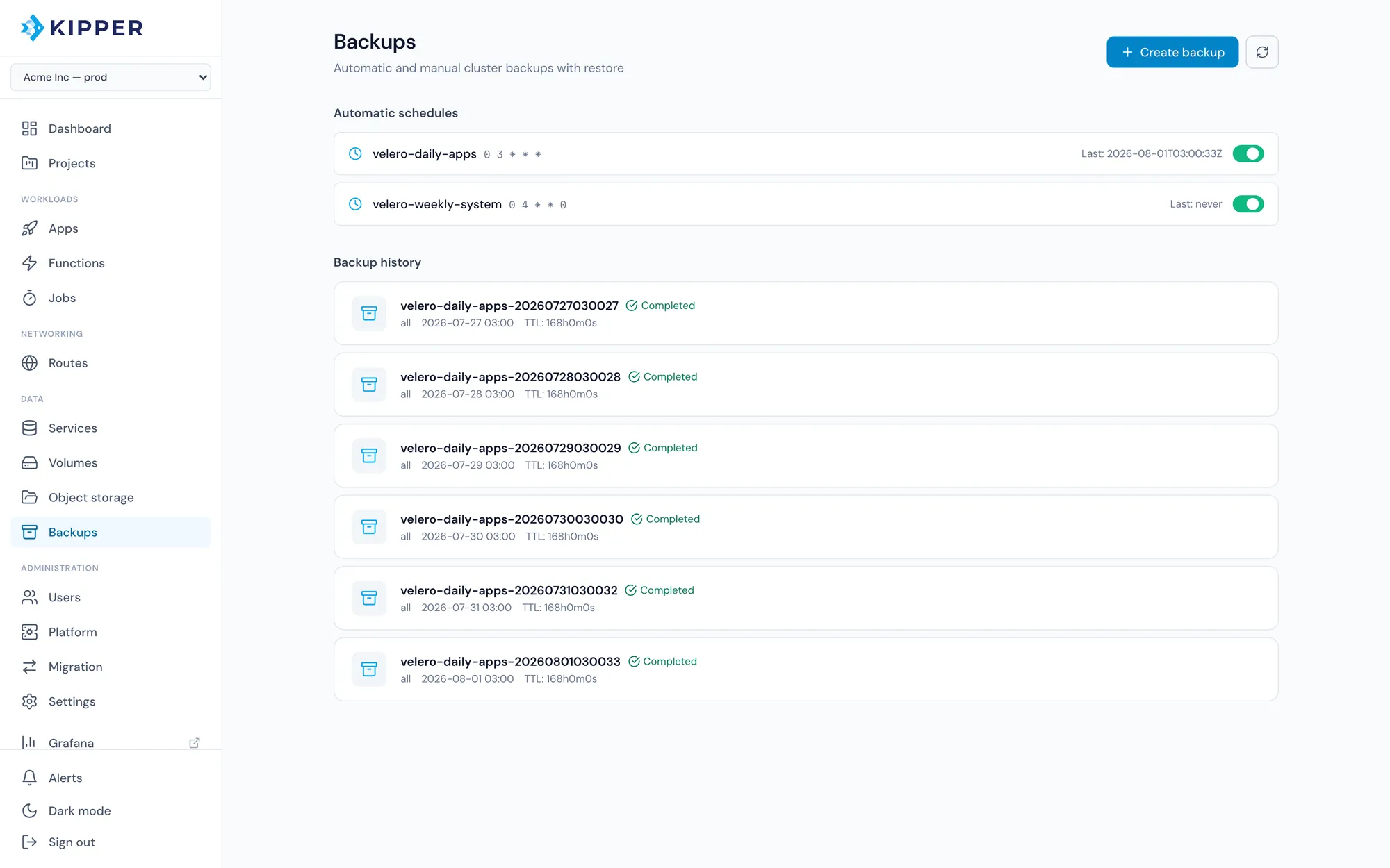 Kipper console backups page showing automatic schedules and completed backup history