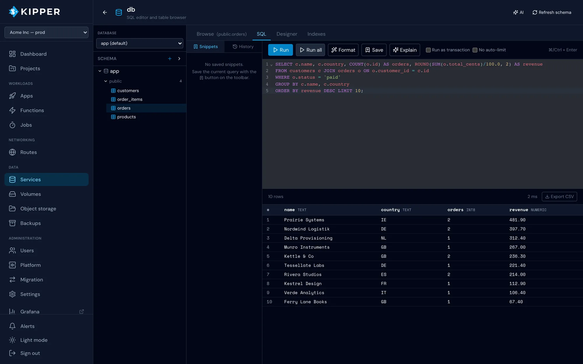 Kipper console database client running a SQL query and showing the result rows