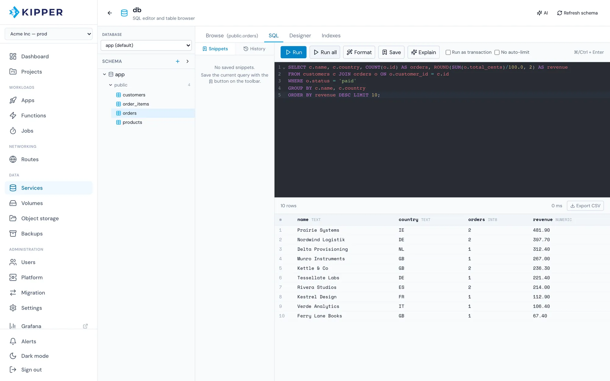 Kipper console database client running a SQL query and showing the result rows