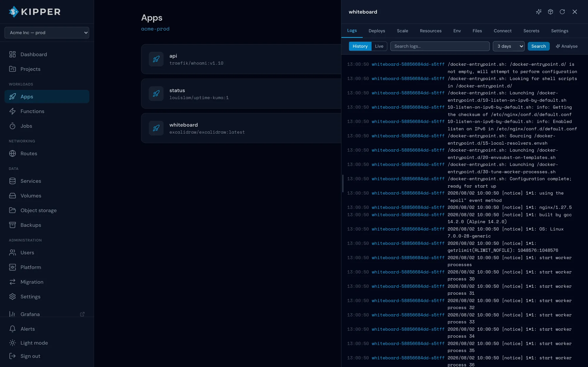 Kipper console app panel showing log output with the deploys, scale, env, files and connect tabs
