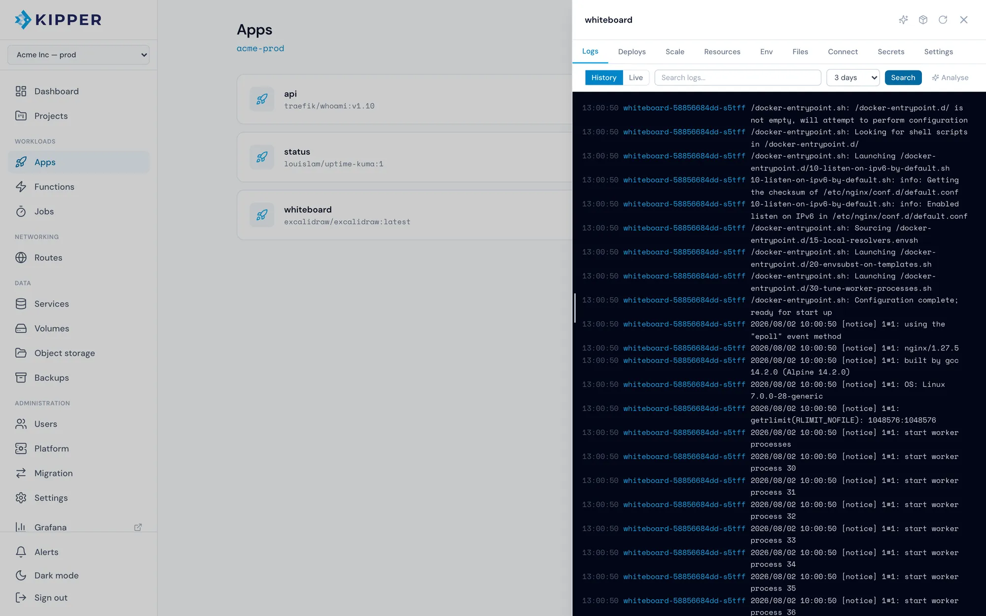 Kipper console app panel showing log output with the deploys, scale, env, files and connect tabs