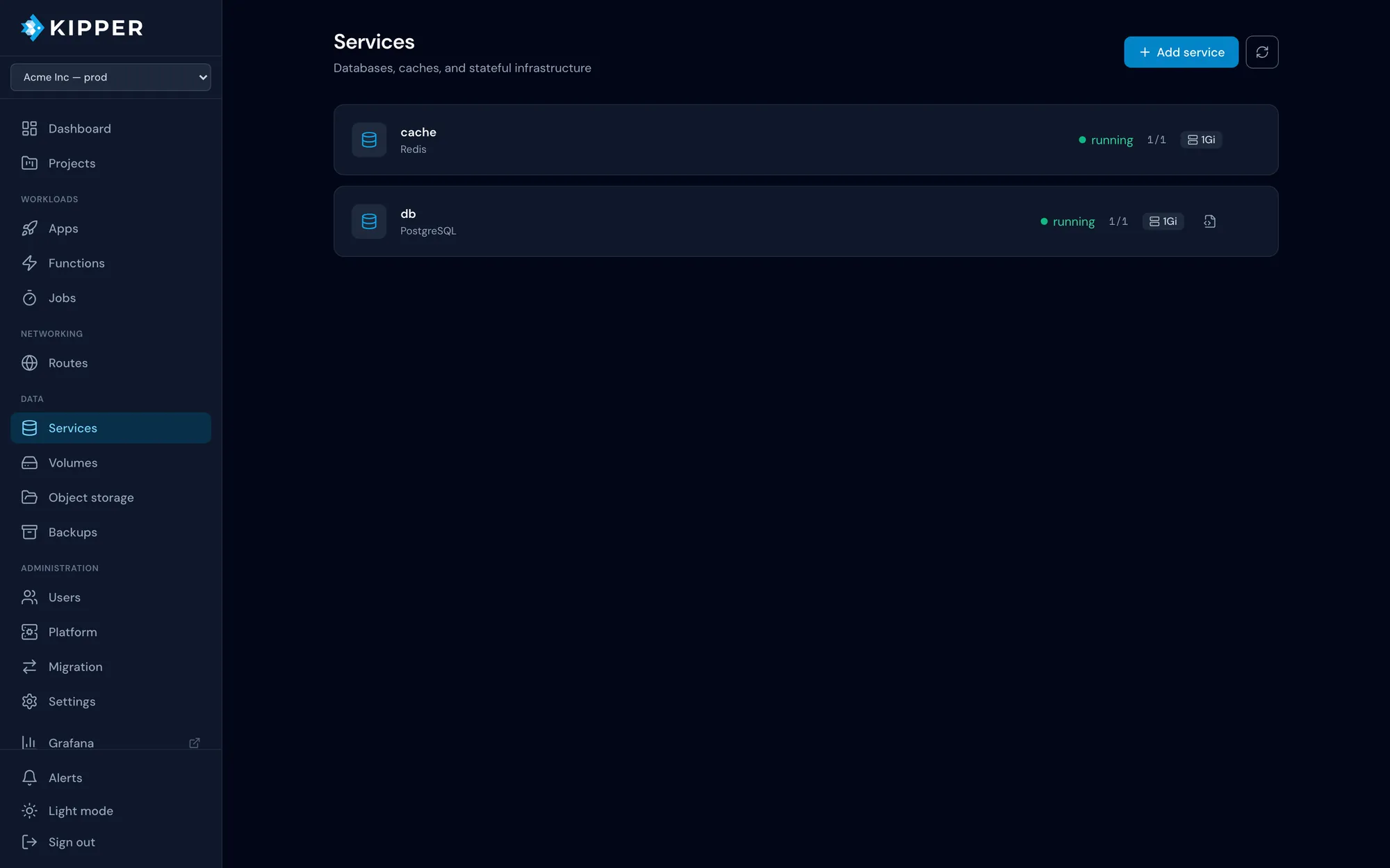 Kipper console services list showing a PostgreSQL database and a Redis cache