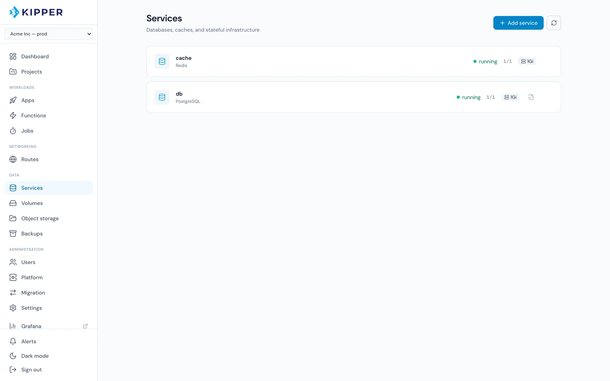 Kipper console services list showing a PostgreSQL database and a Redis cache