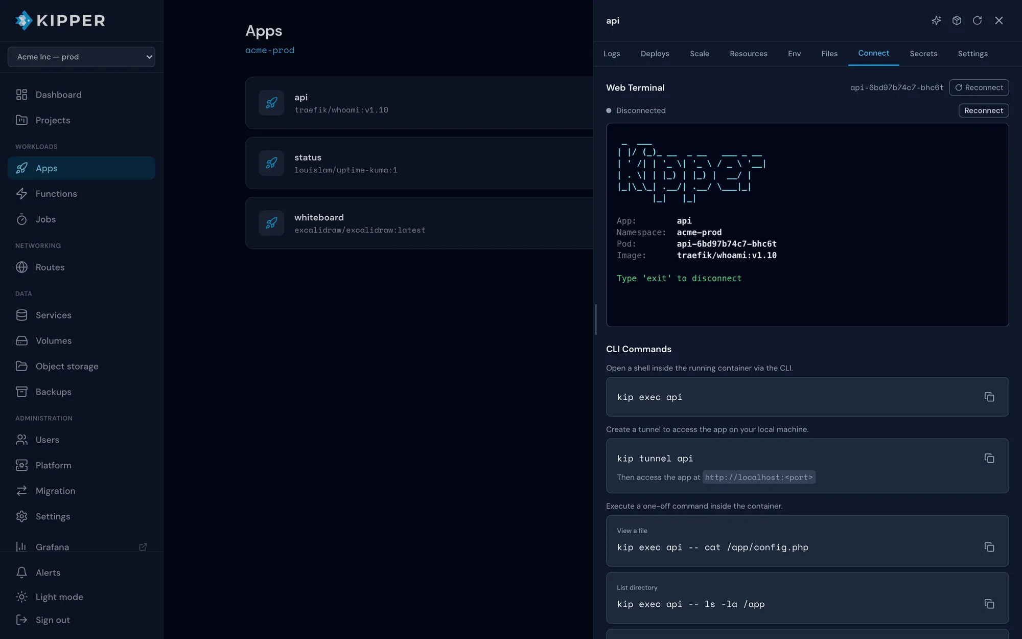 Kipper console web terminal attached to a running container, with equivalent kip CLI commands listed